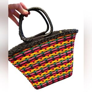 Vintage 1970s Multicolor Woven Tote Shoulder purse Bag Bicycle basket